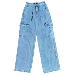 Simple Society Women's Light Wash Denim‎ Cargo Pants Elastic Waist Wide Leg 12
